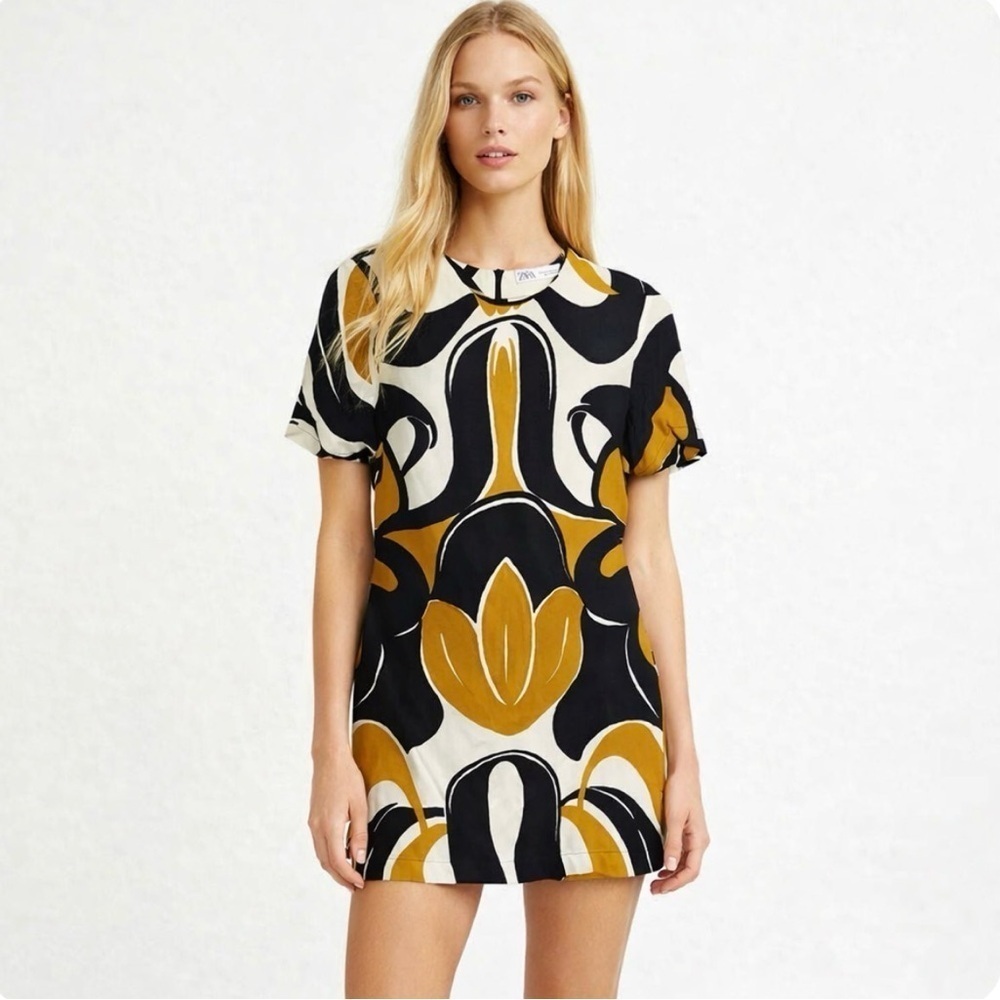ZARA Womens Short sleeve shift dress bold print size XS
